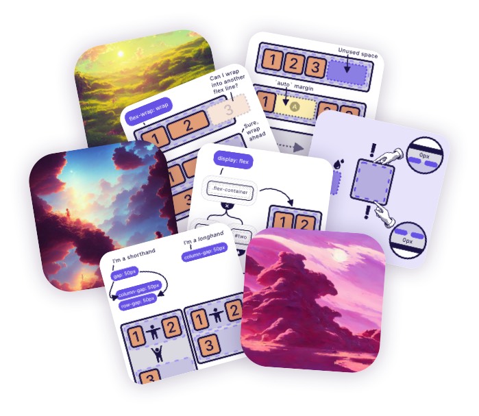 8 overlapping cards with illustrations explaining Flexbox and ethereal concept art of some faraway world