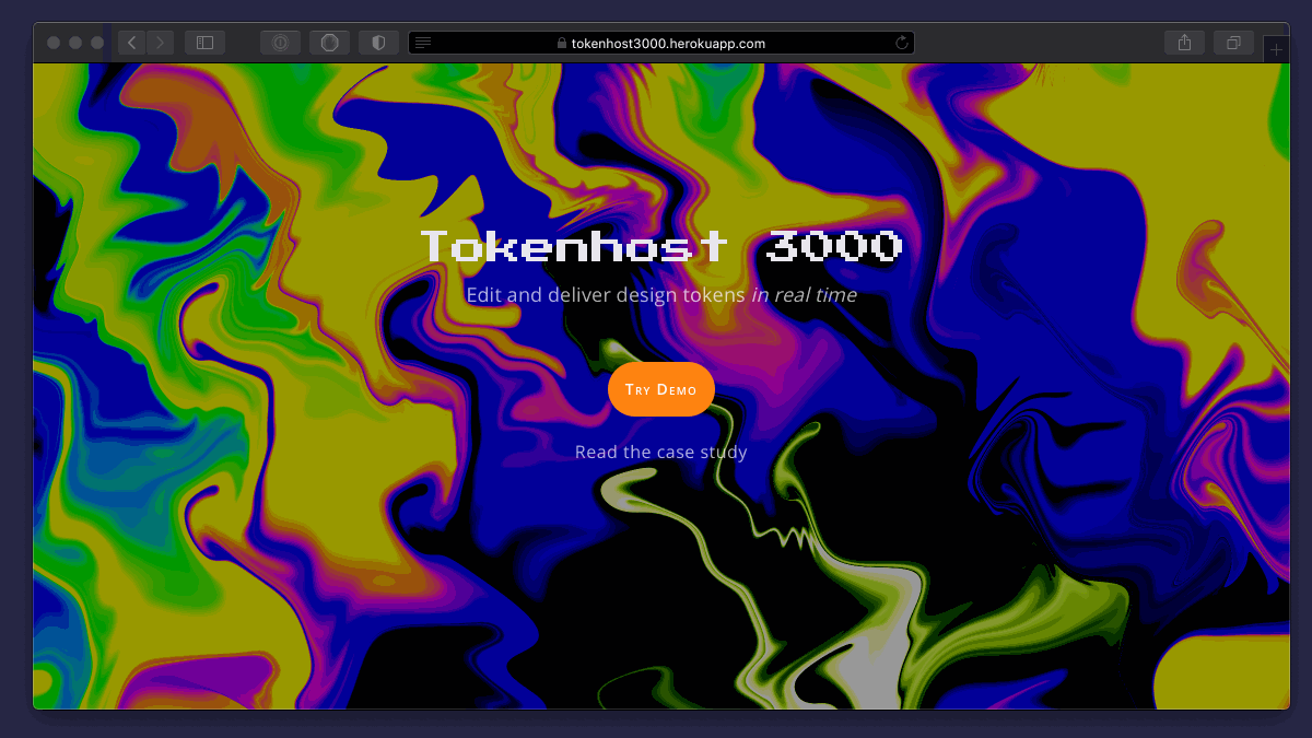 Home page of Tokenhost 3000 with an orange button labeled Try Demo and an abstract, colorful animated background